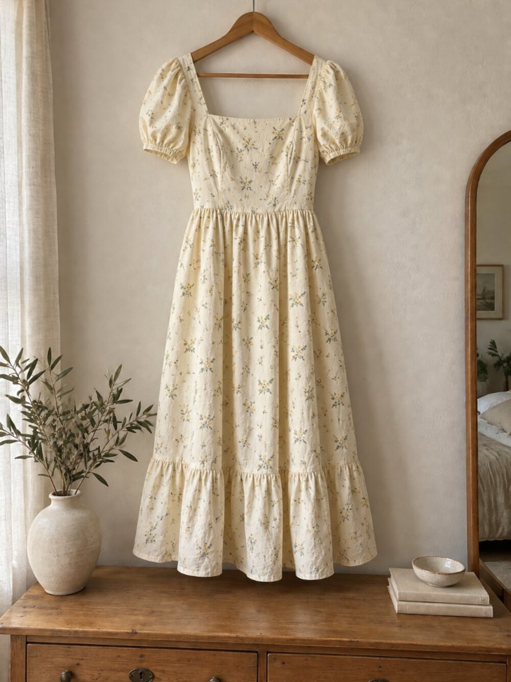 Ivory Floral Puff Sleeve Tiered Midi Dress Square Neck Cottagecore